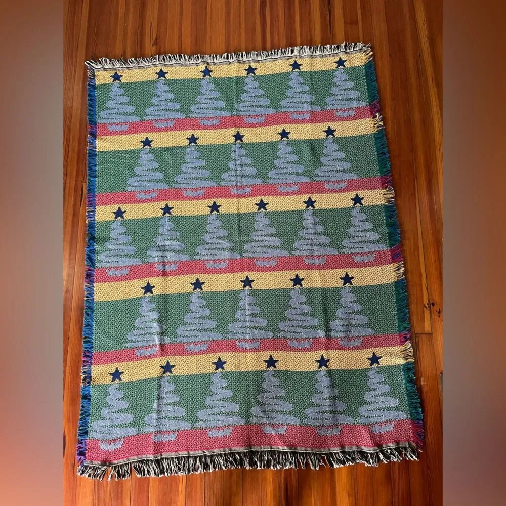 Vintage Christmas Tree Throw Afghan Tapestry Wall Hanging Holiday 65 In X 48 In